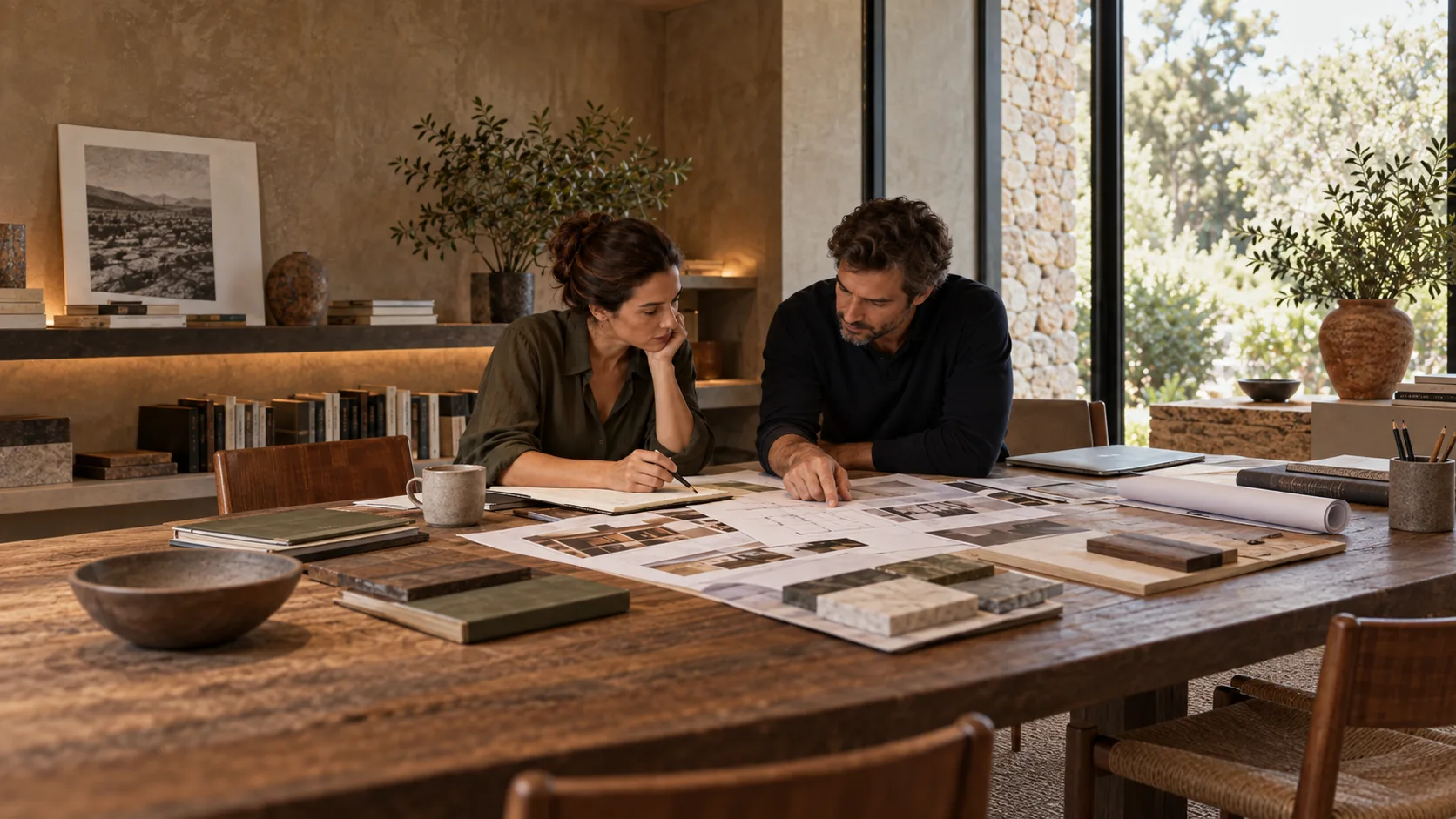 Duas pessoas analisando documentos sobre uma mesa de trabalho